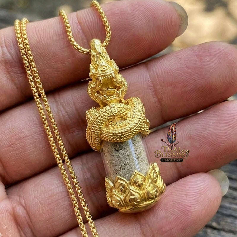 Authentic Thai Love & Wealth Amulet "Chang Phasom Khlong Sacred Powder in Naga Destiny Pendant" (Brushed Golden Brass Finish) Consecrated by Chao Sala Oo Wizhingta B.E. 2569 (2026) Thai Blessing Co By RURUECHA