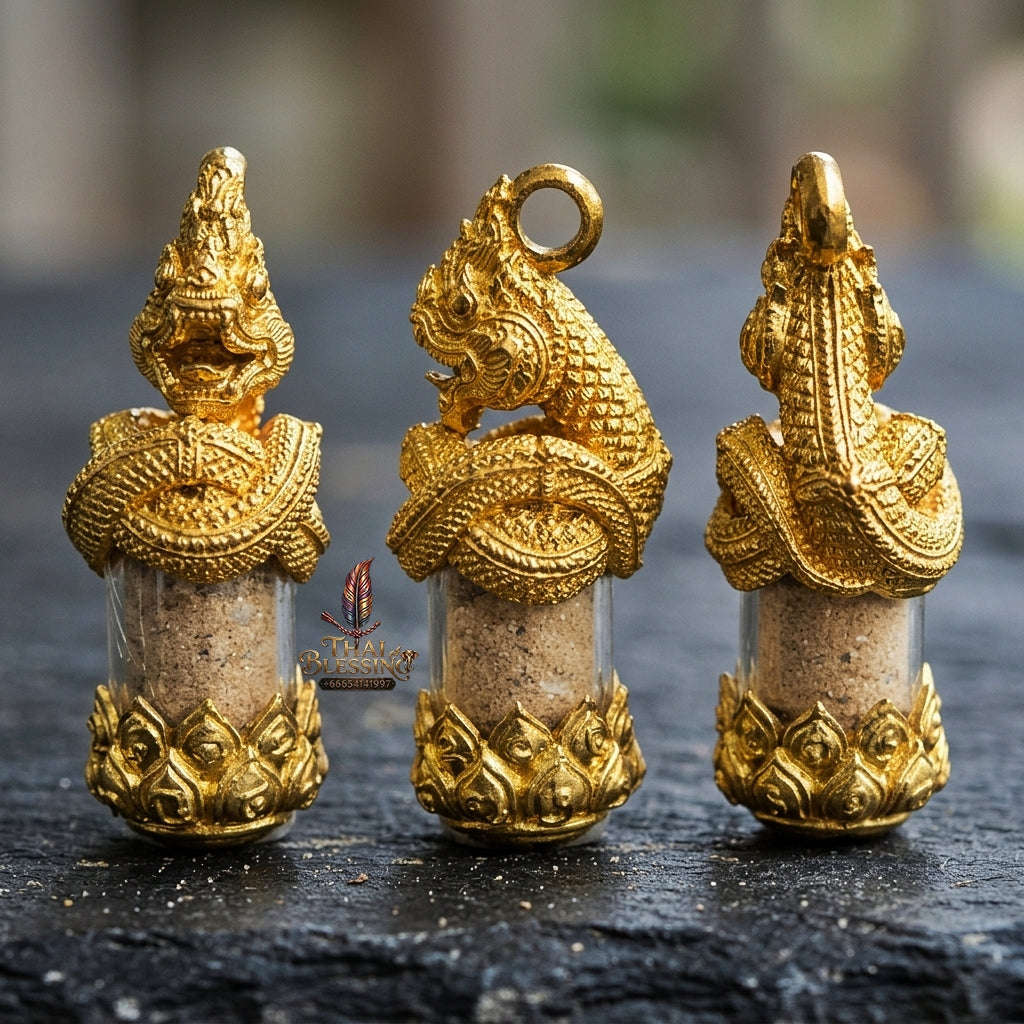 Authentic Thai Love & Wealth Amulet "Chang Phasom Khlong Sacred Powder in Naga Destiny Pendant" (Brushed Golden Brass Finish) Consecrated by Chao Sala Oo Wizhingta B.E. 2569 (2026) Thai Blessing Co By RURUECHA