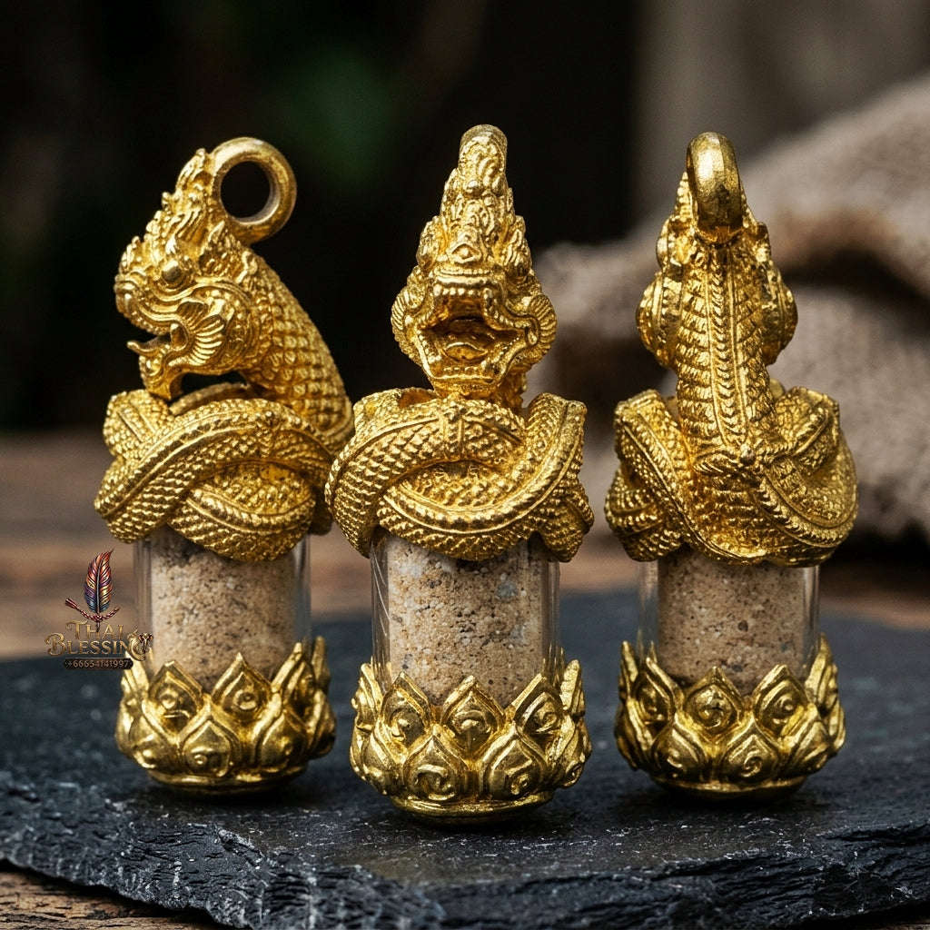 Authentic Thai Love & Wealth Amulet "Chang Phasom Khlong Sacred Powder in Naga Destiny Pendant" (Brushed Golden Brass Finish) Consecrated by Chao Sala Oo Wizhingta B.E. 2569 (2026) Thai Blessing Co By RURUECHA