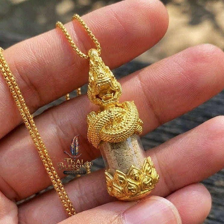 Authentic Thai Love & Wealth Amulet "Chang Phasom Khlong Sacred Powder in Naga Destiny Pendant" (Brushed Golden Brass Finish) Consecrated by Chao Sala Oo Wizhingta B.E. 2569 (2026) Thai Blessing Co By RURUECHA
