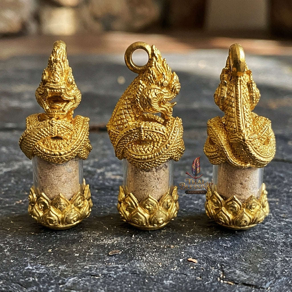 Authentic Thai Love & Wealth Amulet "Chang Phasom Khlong Sacred Powder in Naga Destiny Pendant" (Brushed Golden Brass Finish) Consecrated by Chao Sala Oo Wizhingta B.E. 2569 (2026) Thai Blessing Co By RURUECHA