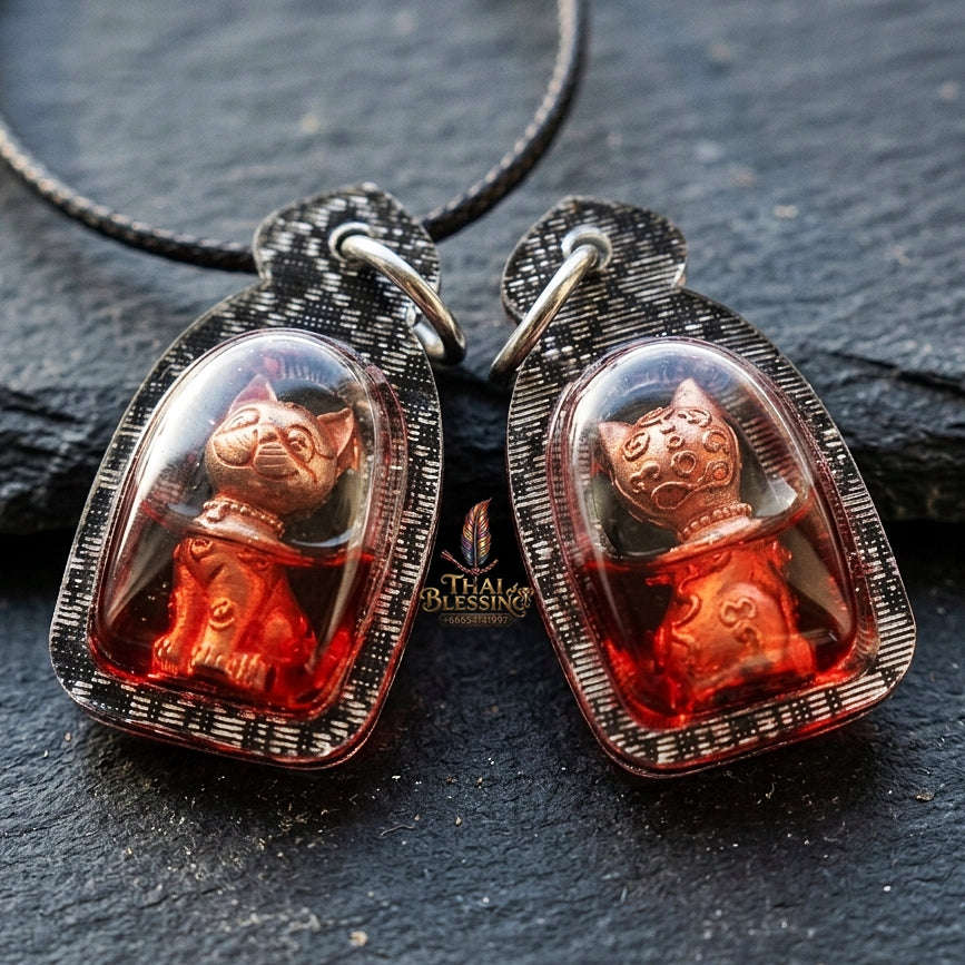 Authentic Thai Lucky Cat Amulet "Maeo Miao Riak Sap Rose Gold Samrit Bronze in Red Chicken Herb Oil with Cat Placenta" Consecrated by Luang Ta Ruam, Wat Khok Samran B.E. 2564 (2021) Thai Blessing Co By RURUECHA
