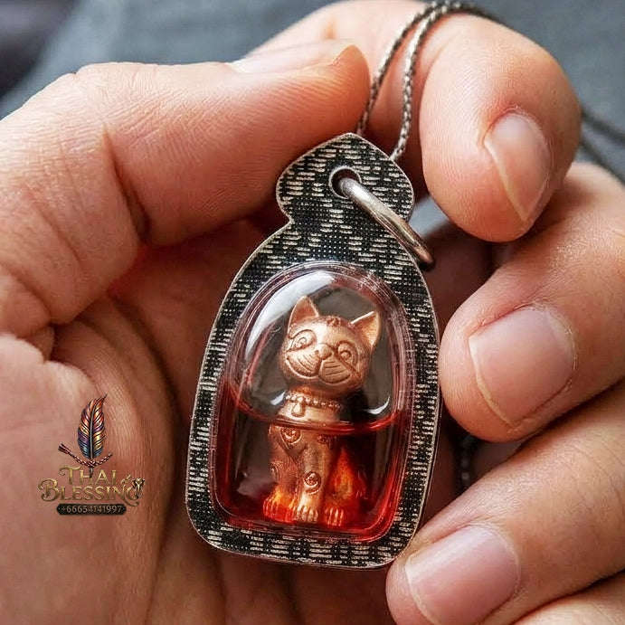 Authentic Thai Lucky Cat Amulet "Maeo Miao Riak Sap Rose Gold Samrit Bronze in Red Chicken Herb Oil with Cat Placenta" Consecrated by Luang Ta Ruam, Wat Khok Samran B.E. 2564 (2021) Thai Blessing Co By RURUECHA