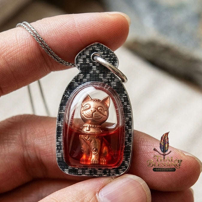 Authentic Thai Lucky Cat Amulet "Maeo Miao Riak Sap Rose Gold Samrit Bronze in Red Chicken Herb Oil with Cat Placenta" Consecrated by Luang Ta Ruam, Wat Khok Samran B.E. 2564 (2021) Thai Blessing Co By RURUECHA