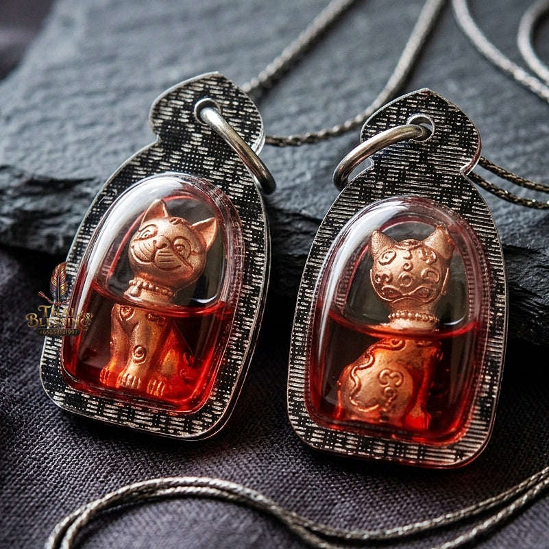Authentic Thai Lucky Cat Amulet "Maeo Miao Riak Sap Rose Gold Samrit Bronze in Red Chicken Herb Oil with Cat Placenta" Consecrated by Luang Ta Ruam, Wat Khok Samran B.E. 2564 (2021) Thai Blessing Co By RURUECHA