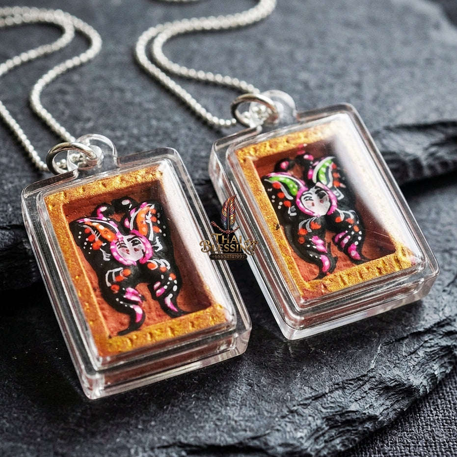 Authentic Thai Mini Butterfly King Amulet "Thep Chamlaeng Pamorn Black & Vibrant Hand-Painted Butterfly Pendant" Consecrated by Khru Ba Krissana, Samnak Song Weruwan, Nakhon Ratchasima B.E. 2562 (2019) Thai Blessing Co By RURUECHA