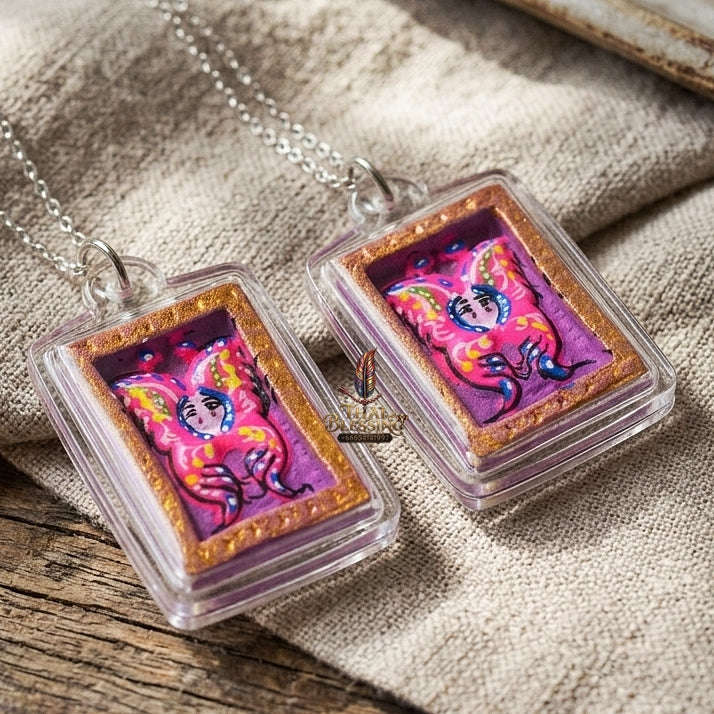 Authentic Thai Mini Butterfly King Amulet "Thep Chamlaeng Pamorn Pink Butterfly on Purple Background Hand-Painted Pendant" Consecrated by Khru Ba Krissana, Samnak Song Weruwan, Nakhon Ratchasima B.E. 2562 (2019) Thai Blessing Co By RURUECHA