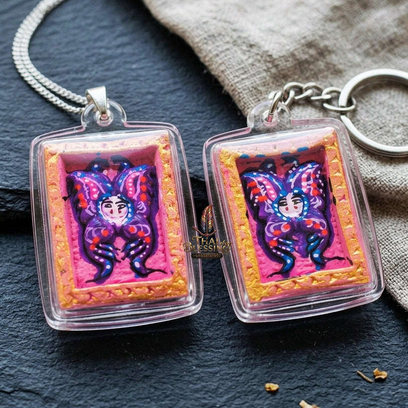 Authentic Thai Mini Butterfly King Amulet "Thep Chamlaeng Pamorn Purple Butterfly on Pink Background Hand-Painted Pendant" Consecrated by Khru Ba Krissana, Samnak Song Weruwan, Nakhon Ratchasima B.E. 2562 (2019) Thai Blessing Co By RURUECHA