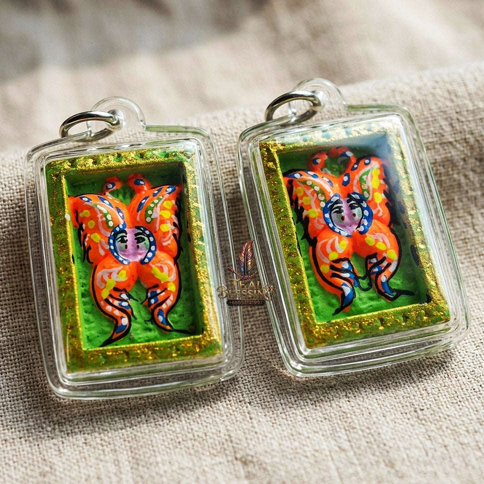 Authentic Thai Mini Butterfly King Amulet "Thep Chamlaeng Pamorn Vibrant Orange Butterfly on Green Background Hand-Painted Pendant" Consecrated by Khru Ba Krissana, Samnak Song Weruwan, Nakhon Ratchasima B.E. 2562 (2019) Thai Blessing Co By