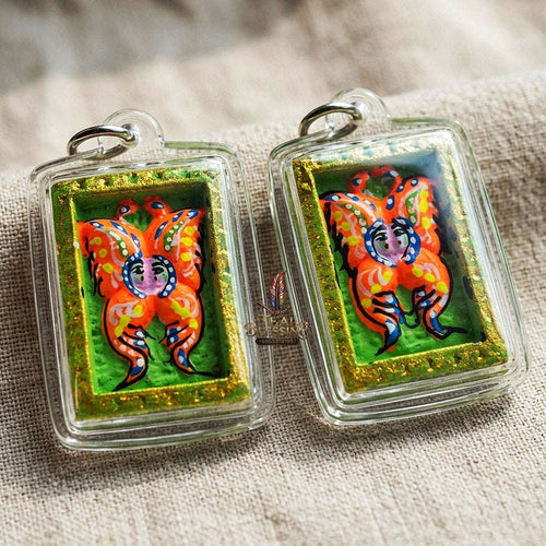 Authentic Thai Mini Butterfly King Amulet "Thep Chamlaeng Pamorn Vibrant Orange Butterfly on Green Background Hand-Painted Pendant" Consecrated by Khru Ba Krissana, Samnak Song Weruwan, Nakhon Ratchasima B.E. 2562 (2019) Thai Blessing Co By