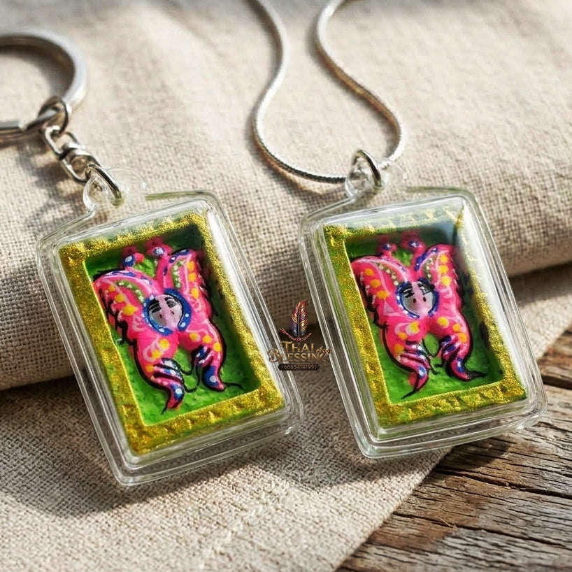 Authentic Thai Mini Butterfly King Amulet "Thep Chamlaeng Pamorn Vibrant Pink & Green Hand-Painted Pendant" Consecrated by Khru Ba Krissana, Samnak Song Weruwan, Nakhon Ratchasima B.E. 2562 (2019) Thai Blessing Co By RURUECHA