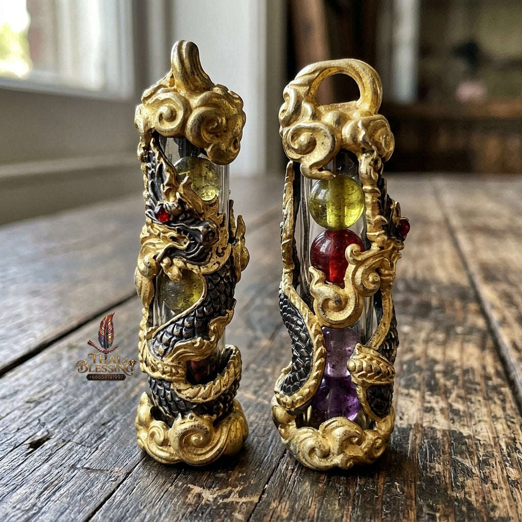 Authentic Thai Naga Amulet "Takrut Nakee Bandan Sub Serpent Wealth Attraction Pendant 2K Black-Gold Plated Bronze with Sacred Naga Orbs Thai Blessing Co By RURUECHA