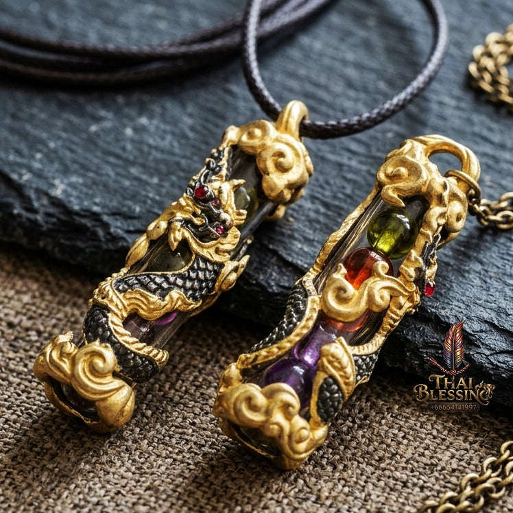 Authentic Thai Naga Amulet "Takrut Nakee Bandan Sub Serpent Wealth Attraction Pendant 2K Black-Gold Plated Bronze with Sacred Naga Orbs Thai Blessing Co By RURUECHA