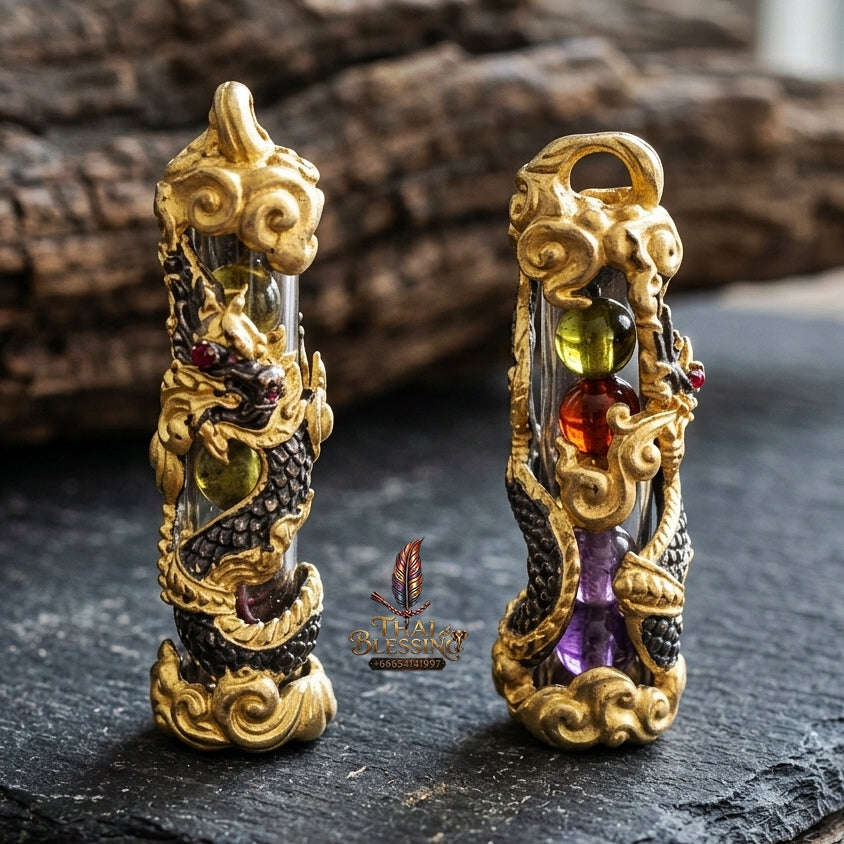 Authentic Thai Naga Amulet "Takrut Nakee Bandan Sub Serpent Wealth Attraction Pendant 2K Black-Gold Plated Bronze with Sacred Naga Orbs Thai Blessing Co By RURUECHA