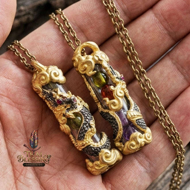 Authentic Thai Naga Amulet "Takrut Nakee Bandan Sub Serpent Wealth Attraction Pendant 2K Black-Gold Plated Bronze with Sacred Naga Orbs Thai Blessing Co By RURUECHA