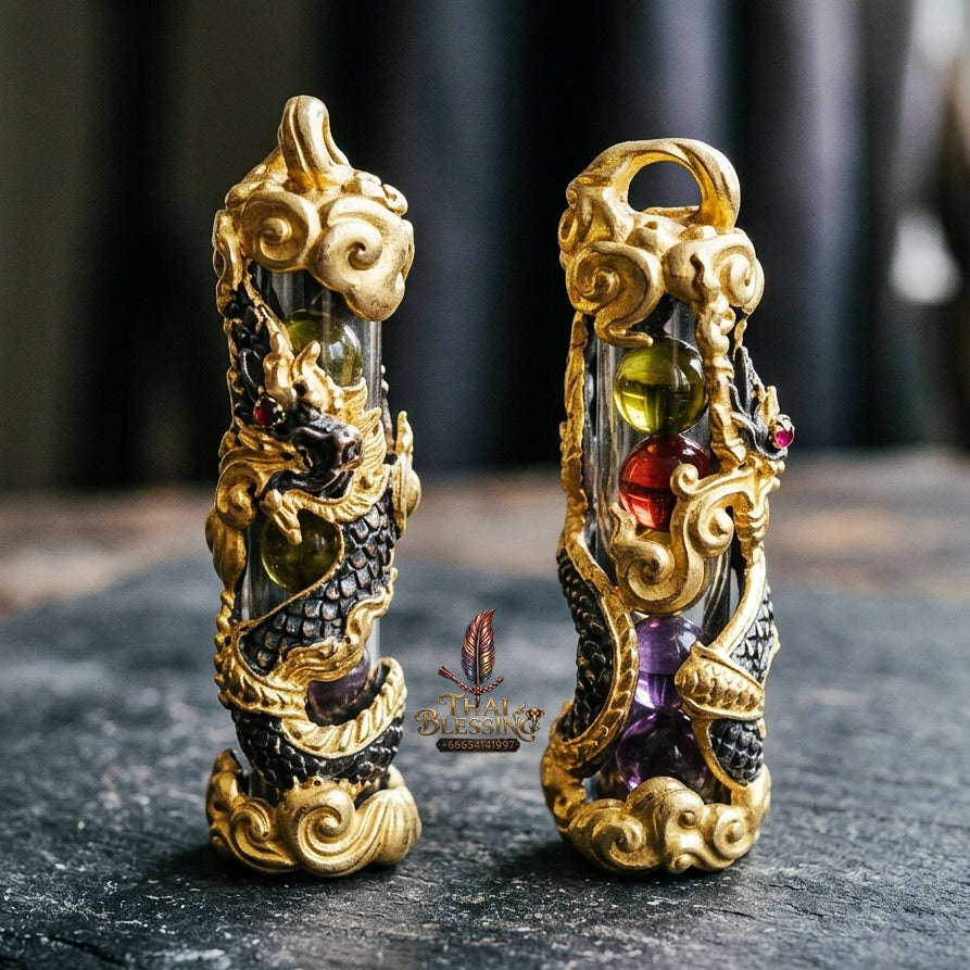 Authentic Thai Naga Amulet "Takrut Nakee Bandan Sub Serpent Wealth Attraction Pendant 2K Black-Gold Plated Bronze with Sacred Naga Orbs Thai Blessing Co By RURUECHA