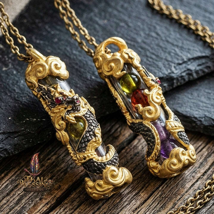 Authentic Thai Naga Amulet "Takrut Nakee Bandan Sub Serpent Wealth Attraction Pendant 2K Black-Gold Plated Bronze with Sacred Naga Orbs Thai Blessing Co By RURUECHA