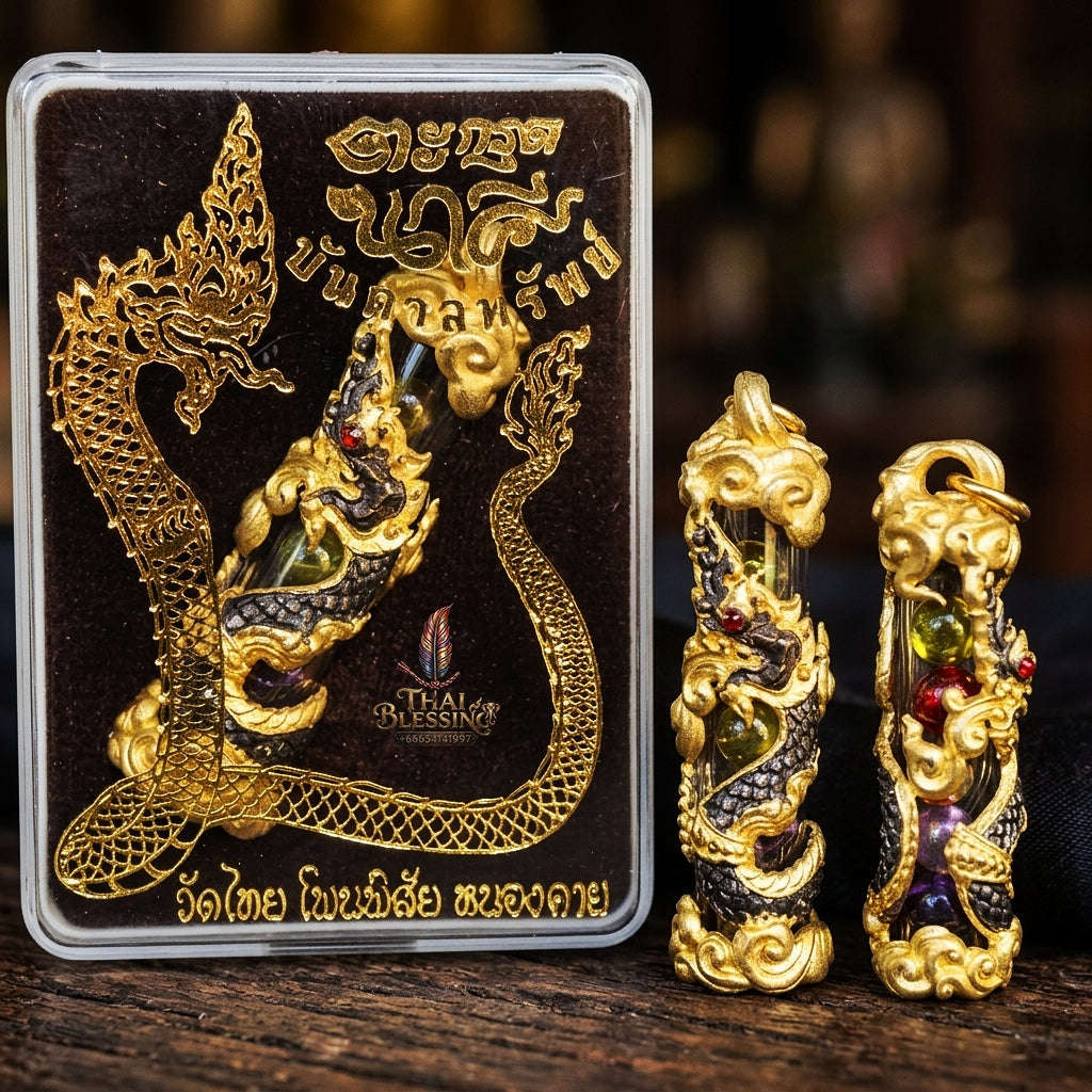 Authentic Thai Naga Amulet "Takrut Nakee Bandan Sub Serpent Wealth Attraction Pendant 2K Black-Gold Plated Bronze with Sacred Naga Orbs Thai Blessing Co By RURUECHA