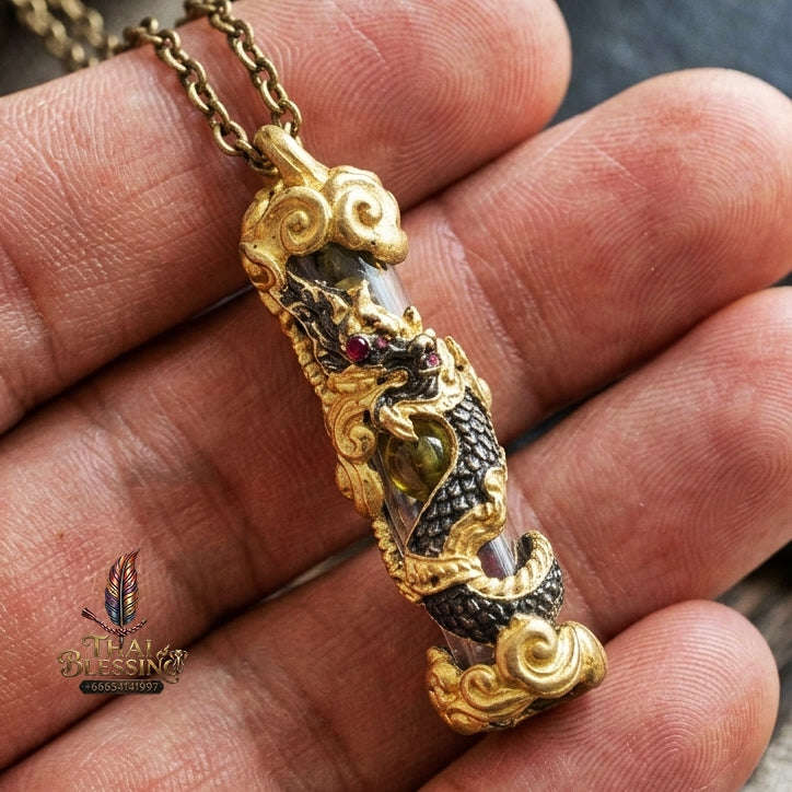 Authentic Thai Naga Amulet "Takrut Nakee Bandan Sub Serpent Wealth Attraction Pendant 2K Black-Gold Plated Bronze with Sacred Naga Orbs Thai Blessing Co By RURUECHA