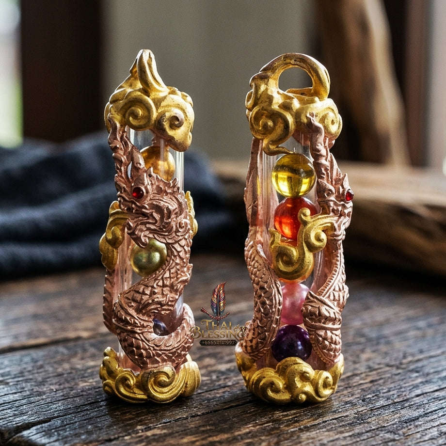 Authentic Thai Naga Amulet "Takrut Nakee Bandan Sub Serpent Wealth Attraction Pendant 2K Pink Gold-Plated Bronze with Sacred Naga Orbs"