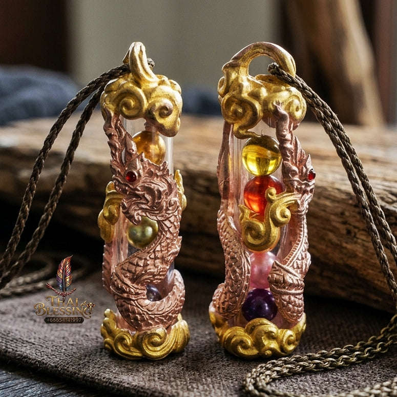Authentic Thai Naga Amulet "Takrut Nakee Bandan Sub Serpent Wealth Attraction Pendant 2K Pink Gold-Plated Bronze with Sacred Naga Orbs"