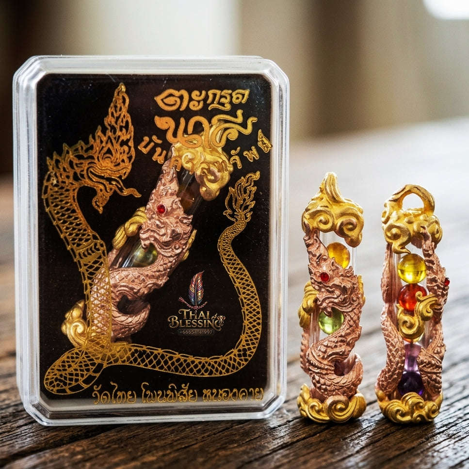 Authentic Thai Naga Amulet "Takrut Nakee Bandan Sub Serpent Wealth Attraction Pendant 2K Pink Gold-Plated Bronze with Sacred Naga Orbs"