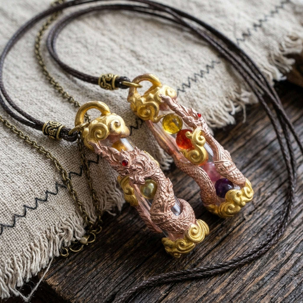Authentic Thai Naga Amulet "Takrut Nakee Bandan Sub Serpent Wealth Attraction Pendant 2K Pink Gold-Plated Bronze with Sacred Naga Orbs"