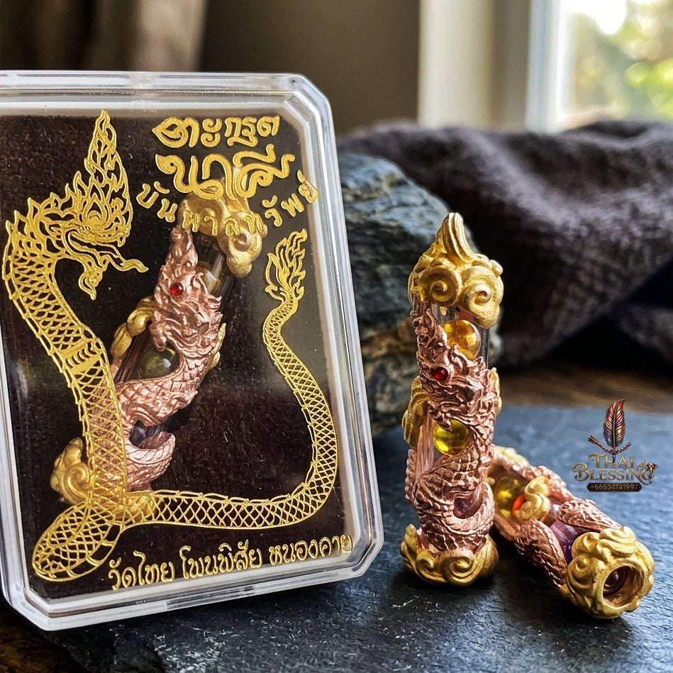 Authentic Thai Naga Amulet "Takrut Nakee Bandan Sub Serpent Wealth Attraction Pendant 2K Pink Gold-Plated Bronze with Sacred Naga Orbs"