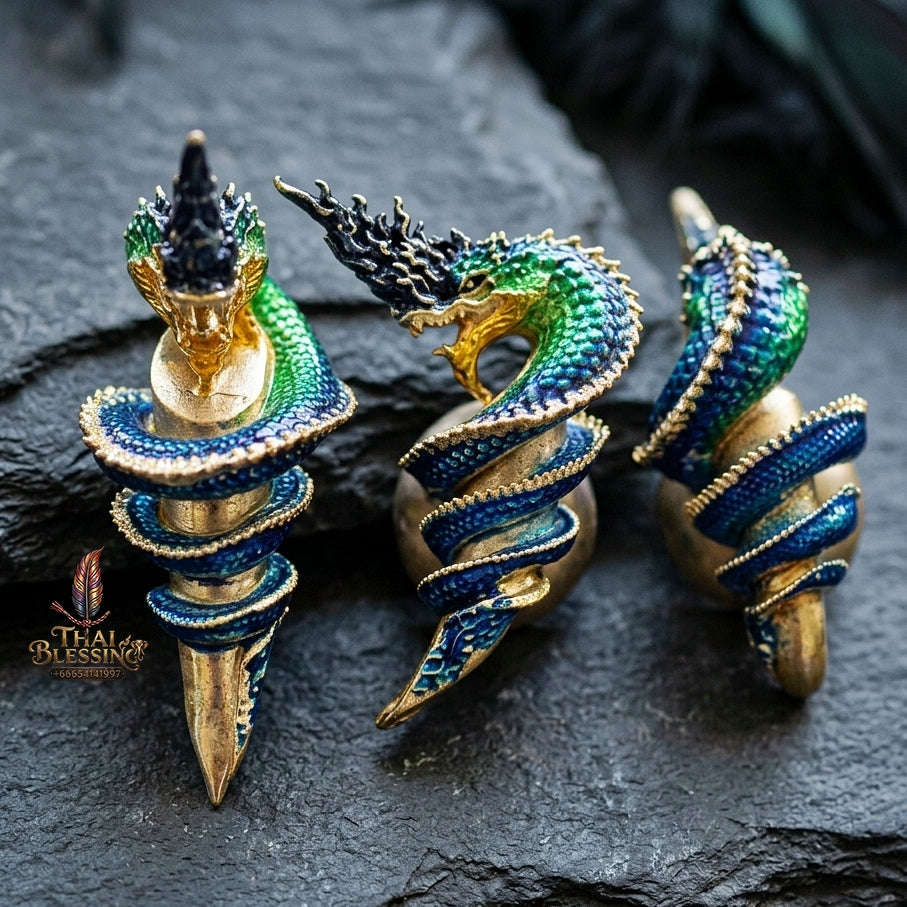 Authentic Thai Naga Fang Amulet "Khieo Phaya Nak Udom Mongkhon Edition Enameled Deva-Brass Silver-Plated" Consecrated by Phra Khru Wat Pa Luang at Wat Udom Mahawan B.E. 2565 (2022) Thai Blessing Co By RURUECHA