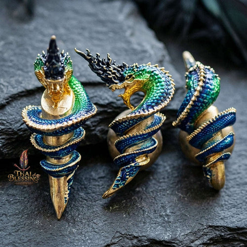 Authentic Thai Naga Fang Amulet "Khieo Phaya Nak Udom Mongkhon Edition Enameled Deva-Brass Silver-Plated" Consecrated by Phra Khru Wat Pa Luang at Wat Udom Mahawan B.E. 2565 (2022) Thai Blessing Co By RURUECHA