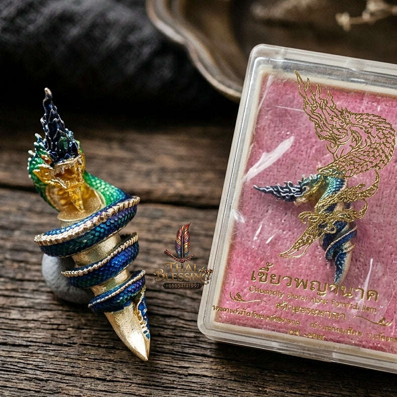 Authentic Thai Naga Fang Amulet "Khieo Phaya Nak Udom Mongkhon Edition Enameled Deva-Brass Silver-Plated" Consecrated by Phra Khru Wat Pa Luang at Wat Udom Mahawan B.E. 2565 (2022) Thai Blessing Co By RURUECHA