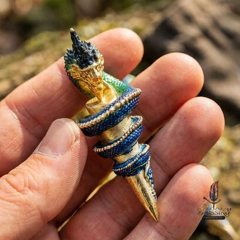 Authentic Thai Naga Fang Amulet "Khieo Phaya Nak Udom Mongkhon Edition Enameled Deva-Brass Silver-Plated" Consecrated by Phra Khru Wat Pa Luang at Wat Udom Mahawan B.E. 2565 (2022) Thai Blessing Co By RURUECHA