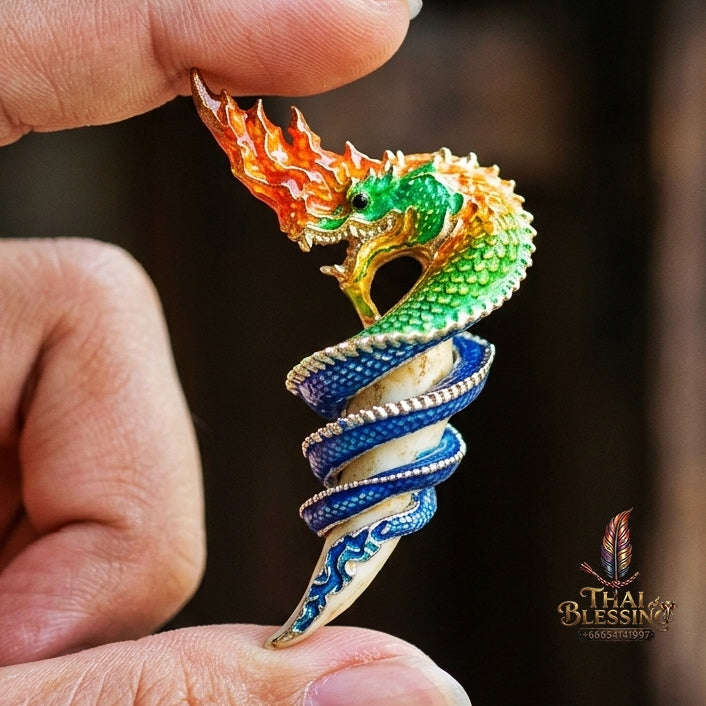 Authentic Thai Naga Fang Amulet "Khieo Phaya Nak Udom Mongkhon Edition Fiery Orange Green Enameled Deva-Brass" Consecrated by Phra Khru Wat Pa Luang at Wat Udom Mahawan B.E. 2565 (2022) Thai Blessing Co By RURUECHA