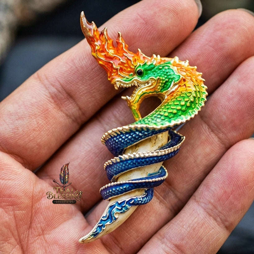 Authentic Thai Naga Fang Amulet "Khieo Phaya Nak Udom Mongkhon Edition Fiery Orange Green Enameled Deva-Brass" Consecrated by Phra Khru Wat Pa Luang at Wat Udom Mahawan B.E. 2565 (2022) Thai Blessing Co By RURUECHA