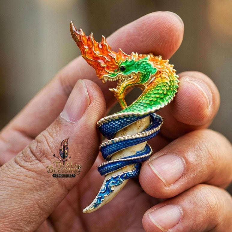 Authentic Thai Naga Fang Amulet "Khieo Phaya Nak Udom Mongkhon Edition Fiery Orange Green Enameled Deva-Brass" Consecrated by Phra Khru Wat Pa Luang at Wat Udom Mahawan B.E. 2565 (2022) Thai Blessing Co By RURUECHA
