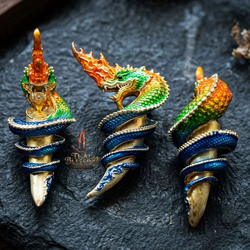Authentic Thai Naga Fang Amulet "Khieo Phaya Nak Udom Mongkhon Edition Fiery Orange Green Enameled Deva-Brass" Consecrated by Phra Khru Wat Pa Luang at Wat Udom Mahawan B.E. 2565 (2022) Thai Blessing Co By RURUECHA