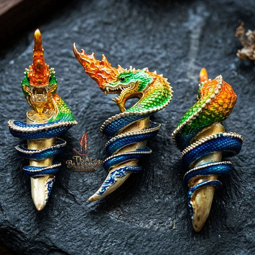 Authentic Thai Naga Fang Amulet "Khieo Phaya Nak Udom Mongkhon Edition Fiery Orange Green Enameled Deva-Brass" Consecrated by Phra Khru Wat Pa Luang at Wat Udom Mahawan B.E. 2565 (2022) Thai Blessing Co By RURUECHA