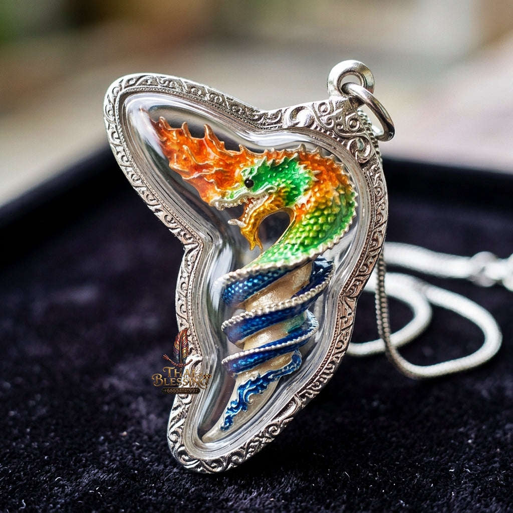 Authentic Thai Naga Fang Amulet "Khieo Phaya Nak Udom Mongkhon Edition Fiery Orange Green Enameled Deva-Brass" Consecrated by Phra Khru Wat Pa Luang at Wat Udom Mahawan B.E. 2565 (2022) Thai Blessing Co By RURUECHA