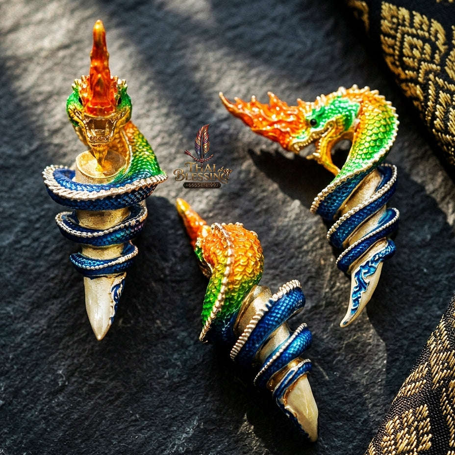 Authentic Thai Naga Fang Amulet "Khieo Phaya Nak Udom Mongkhon Edition Fiery Orange Green Enameled Deva-Brass" Consecrated by Phra Khru Wat Pa Luang at Wat Udom Mahawan B.E. 2565 (2022) Thai Blessing Co By RURUECHA