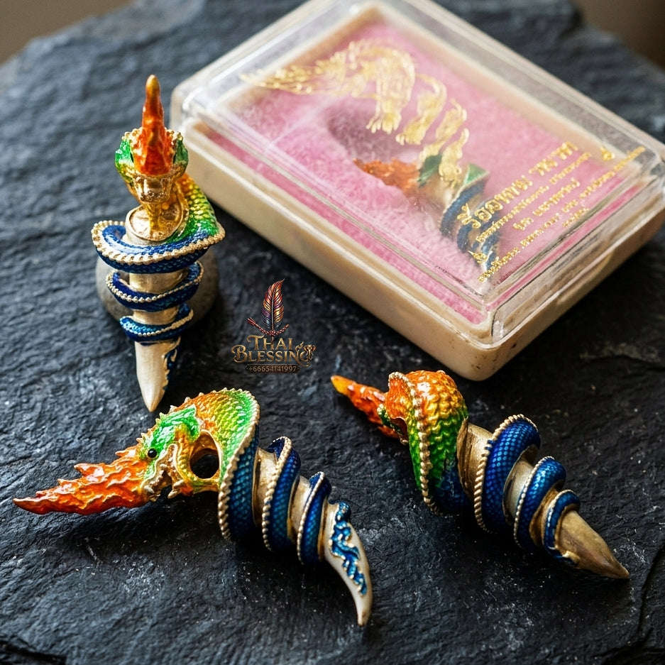 Authentic Thai Naga Fang Amulet "Khieo Phaya Nak Udom Mongkhon Edition Fiery Orange Green Enameled Deva-Brass" Consecrated by Phra Khru Wat Pa Luang at Wat Udom Mahawan B.E. 2565 (2022) Thai Blessing Co By RURUECHA