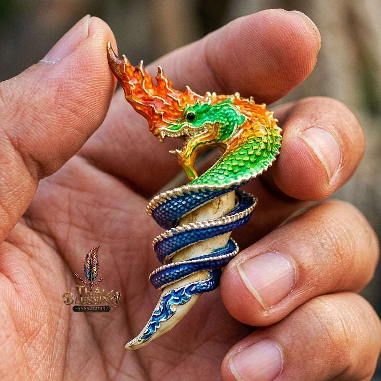 Authentic Thai Naga Fang Amulet "Khieo Phaya Nak Udom Mongkhon Edition Fiery Orange Green Enameled Deva-Brass" Consecrated by Phra Khru Wat Pa Luang at Wat Udom Mahawan B.E. 2565 (2022) Thai Blessing Co By RURUECHA