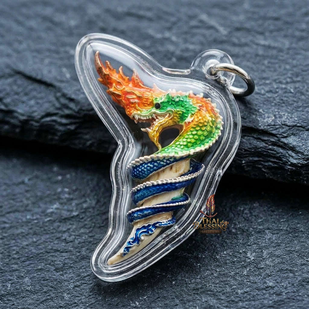 Authentic Thai Naga Fang Amulet "Khieo Phaya Nak Udom Mongkhon Edition Fiery Orange Green Enameled Deva-Brass" Consecrated by Phra Khru Wat Pa Luang at Wat Udom Mahawan B.E. 2565 (2022) Thai Blessing Co By RURUECHA