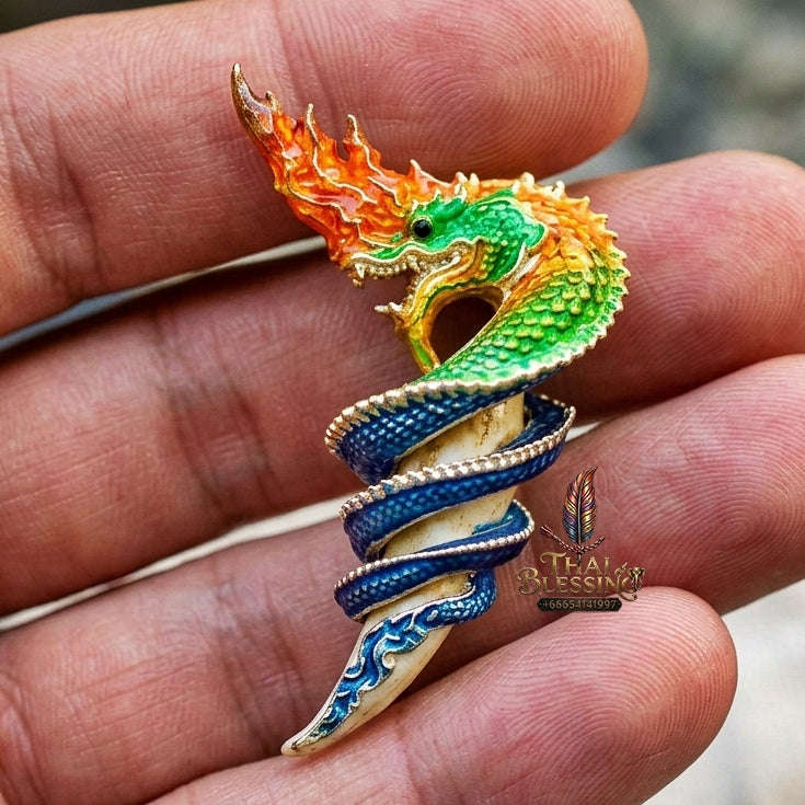 Authentic Thai Naga Fang Amulet "Khieo Phaya Nak Udom Mongkhon Edition Fiery Orange Green Enameled Deva-Brass" Consecrated by Phra Khru Wat Pa Luang at Wat Udom Mahawan B.E. 2565 (2022) Thai Blessing Co By RURUECHA
