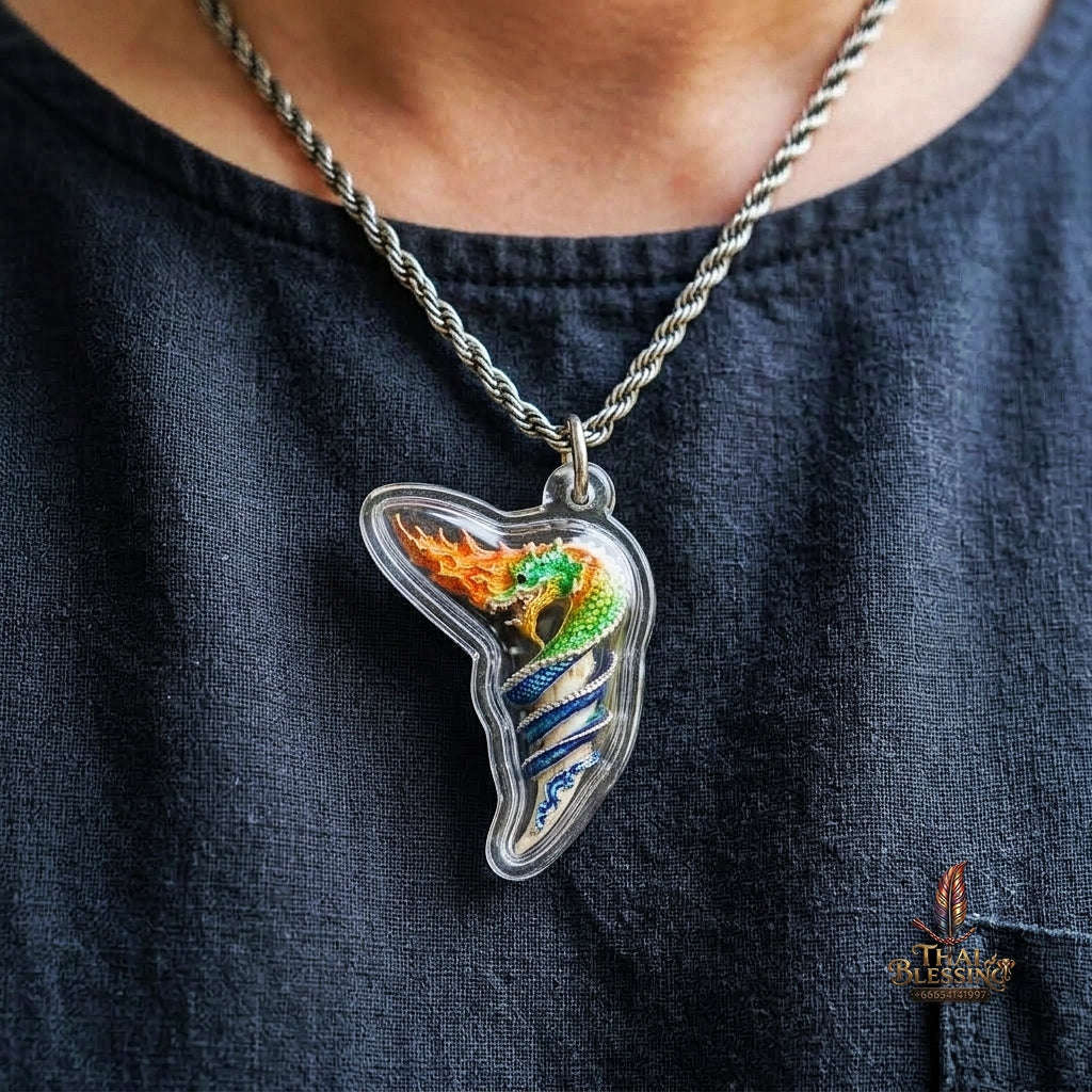 Authentic Thai Naga Fang Amulet "Khieo Phaya Nak Udom Mongkhon Edition Fiery Orange Green Enameled Deva-Brass" Consecrated by Phra Khru Wat Pa Luang at Wat Udom Mahawan B.E. 2565 (2022) Thai Blessing Co By RURUECHA