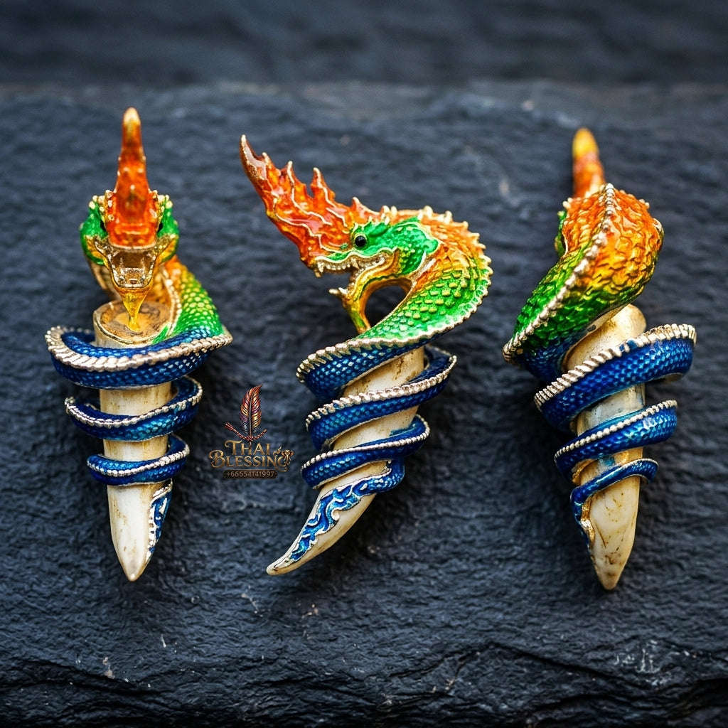 Authentic Thai Naga Fang Amulet "Khieo Phaya Nak Udom Mongkhon Edition Fiery Orange Green Enameled Deva-Brass" Consecrated by Phra Khru Wat Pa Luang at Wat Udom Mahawan B.E. 2565 (2022) Thai Blessing Co By RURUECHA