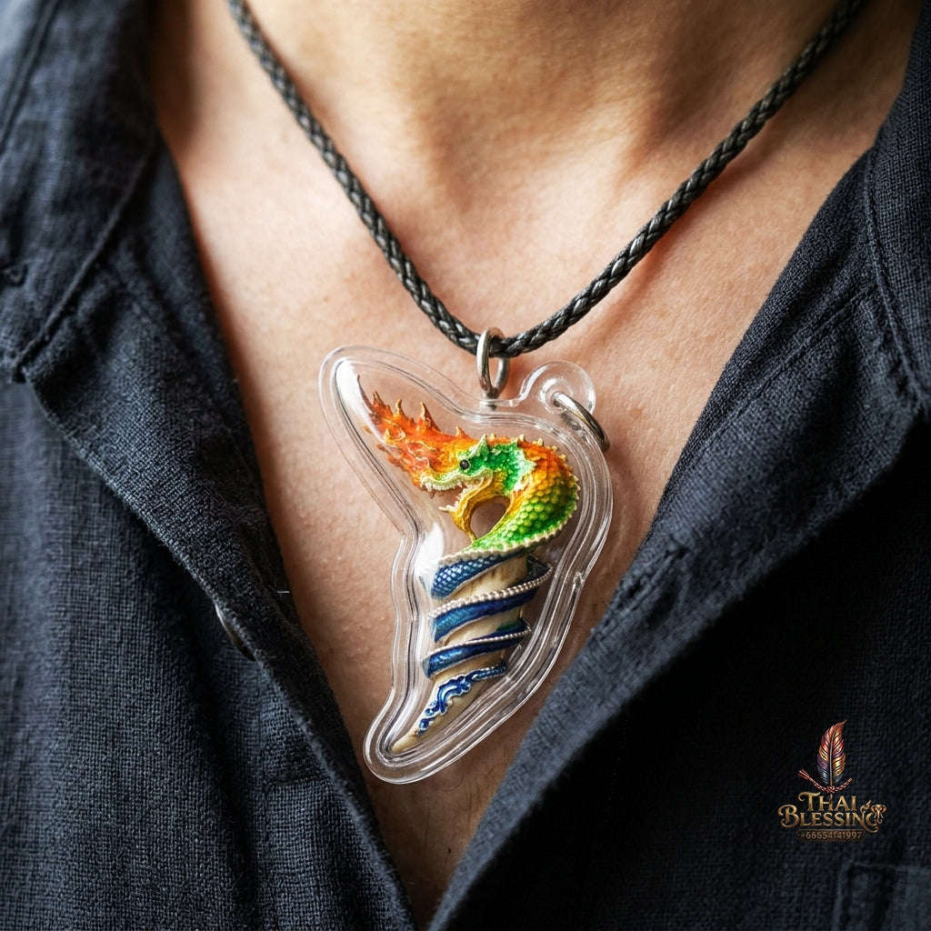 Authentic Thai Naga Fang Amulet "Khieo Phaya Nak Udom Mongkhon Edition Fiery Orange Green Enameled Deva-Brass" Consecrated by Phra Khru Wat Pa Luang at Wat Udom Mahawan B.E. 2565 (2022) Thai Blessing Co By RURUECHA