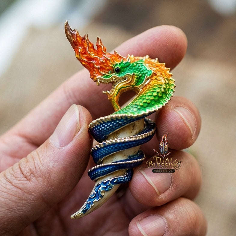 Authentic Thai Naga Fang Amulet "Khieo Phaya Nak Udom Mongkhon Edition Fiery Orange Green Enameled Deva-Brass" Consecrated by Phra Khru Wat Pa Luang at Wat Udom Mahawan B.E. 2565 (2022) Thai Blessing Co By RURUECHA