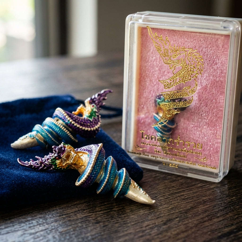 Authentic Thai Naga Fang Amulet "Khieo Phaya Nak Udom Mongkhon Edition Royal Purple Green Enameled Deva-Brass" Consecrated by Phra Khru Wat Pa Luang at Wat Udom Mahawan B.E. 2565 (2022)
