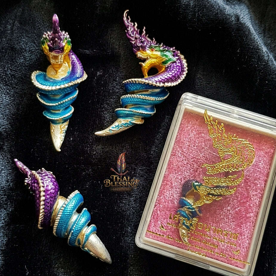 Authentic Thai Naga Fang Amulet "Khieo Phaya Nak Udom Mongkhon Edition Royal Purple Green Enameled Deva-Brass" Consecrated by Phra Khru Wat Pa Luang at Wat Udom Mahawan B.E. 2565 (2022)