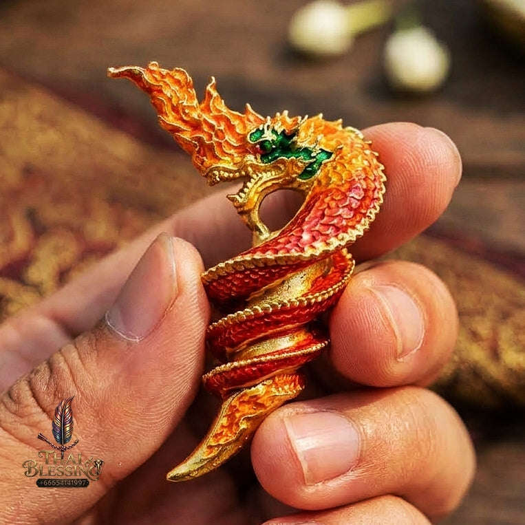 Authentic Thai Naga Sacred Talisman "Khiao Phaya Nak Naga Tusk - Udom Mongkhon Edition 2022" (Flame Red Enamel Deva Gold) by Phra Khru Wat Pa Luang, Wat Udom Maha Wan Thai Blessing Co By RURUECHA
